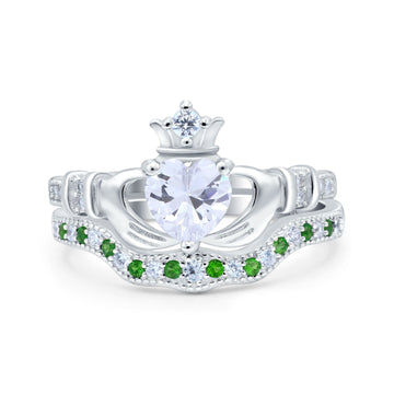 14K White Gold Claddagh Accent Heart Wedding Bridal Set Piece Green Emerald Simulated Cubic Zirconia Wedding Ring